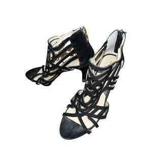 Adrienne Vittadini Caged Heels Gala Black Suede Leather Laser Cut Stiletto Sz 8